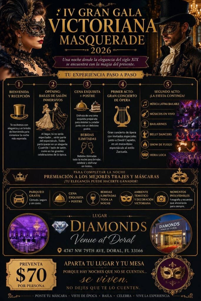 Full information flyer — IV Gran Gala Victoriana Masquerade 2026 at Diamonds Venue at Doral, presale $70 per person